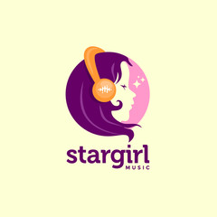 Obraz premium Young girl with headphones and star. Musical Theme Logo Vector Illustration