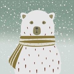 Polar White Bear with Scarf. Falling Snow Background. Winter/Merry Christmas Collection. Vector Illustration.