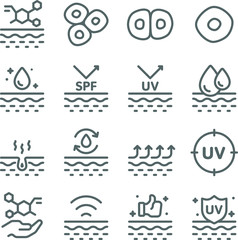 Fototapeta premium Healthy Skin icons set vector illustration. Contains such icon as Skin Care, UV Protection, Cell, Dry Skin and more. Expanded Stroke