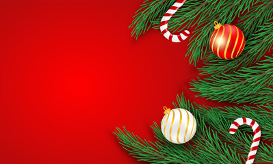 Merry Christmas. Design with christmas tree and candy canes on red background .Vector. illustration.