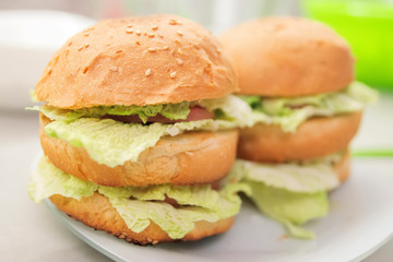 two big burgers close-up bokeh