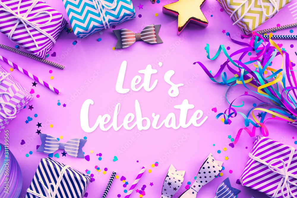 Wall mural let's celebrate concepts with text on colorful element prop background