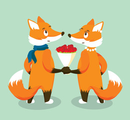 Two Foxes in Love with Bouquet of Red Roses