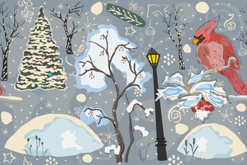 Cute Cardinal in Woodland/Forest. Merry Christmas/Winter Collection.