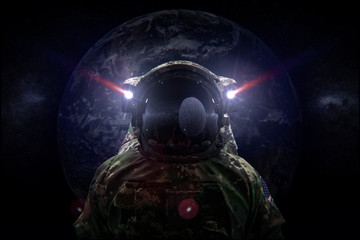 Space Force soldier in camouflage suit with planet earth in the background 3d render