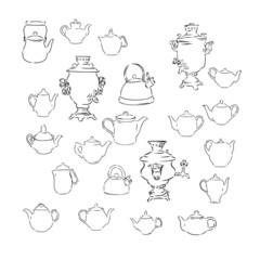 set of teapot and samovar, vector sketch 