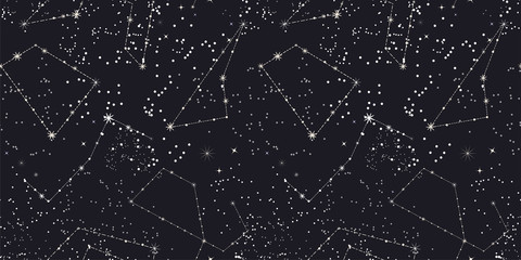 Seamless space pattern. Night starry sky with stars, constellations. Black-and-white background (monochrome) abstract background. Universe. Outer space. Hand-drawn vector illustration. - 311200126