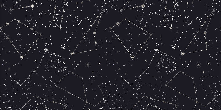 Seamless space pattern. Night starry sky with stars, constellations. Black-and-white background (monochrome) abstract background. Universe. Outer space. Hand-drawn vector illustration.