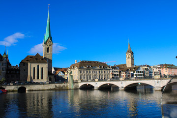 Fototapeta na wymiar View of Zurich Old Town, with Fraumunster and St.Peter Churches Church
