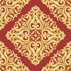 Seamless damask pattern. Burgundy red background. Vector