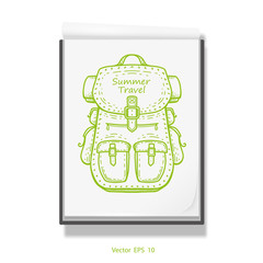 Travel backpack .Open notebook for drawing .White sketchbook .Rest, vacation Vector illustration .