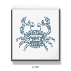 Open notebook for drawing .Sea crab .Summer beach lettering .White sketchbook .Rest, vacation Vector illustration .