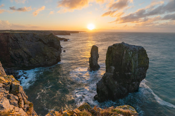 Stack rocks, sea cliffs on Pembrokeshire coast.