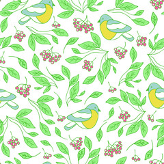 Seamless vector pattern with birds, leaves and berries on white background. Simple gentle wallpaper design for romantic wedding.