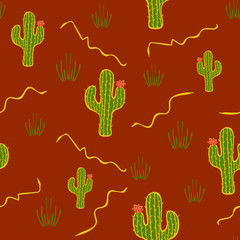 Seamless vector pattern with cactus plant on rusty brown background. Desert wallpaper design.