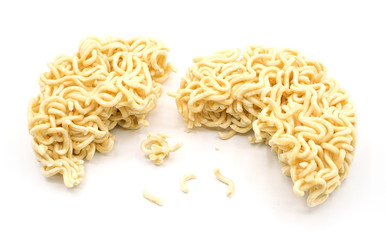 Broken instant noodles isolated on white background with clipping path,Yellow noodle texture background