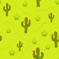 Seamless vector pattern with cactus in desert on green background. Simple hand drown wallpaper design.