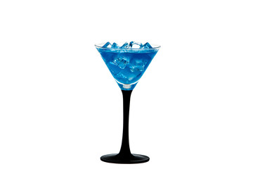 Blue cocktail in a glass for martini with ice isolated on a white background. Blue cocktail with martini on a white background.