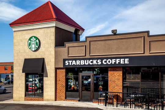 St. Catharines, Ontario,  Canada - September 19, 2019:  A Starbucks coffee store in St. Catharines. Starbucks Corporation is an American coffee company and coffeehouse chain.