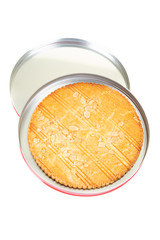 broyé poitevin du Poitou cake from France made of sugar flour butter and eggs in steel box