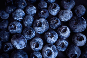 Blueberries close-up. Macro photo. The concept of organic food, vegetarianism, tasty and healthy berries. Dark tones.