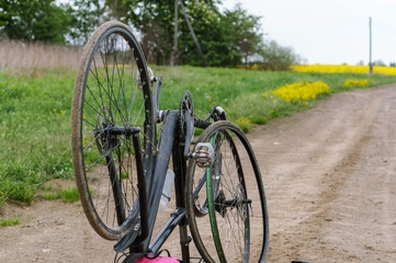 Fototapeta premium Puncture bike on the road. Bike was broken in transit.