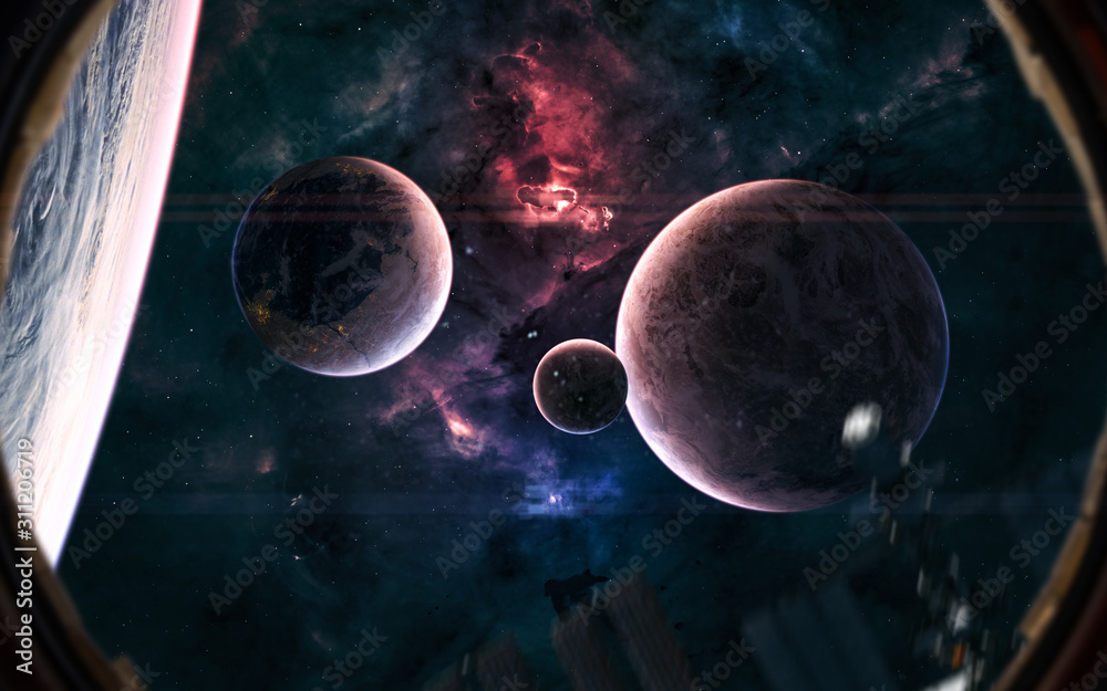 Wall mural planets of deep space against background of luminous red and blue nebulae. view from porthole of spa