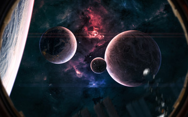Planets of deep space against background of luminous red and blue nebulae. View from porthole of spaceship. Science fiction. Elements of this image furnished by NASA
