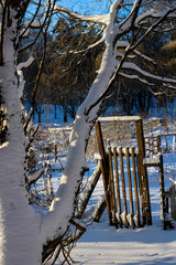 Garden fence in sunny winter landscape