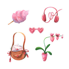 candy floss, headphones and love letters in bag