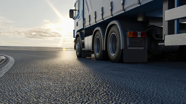 3d rendering, truck on the road travels to the sun, cargo transportation concept