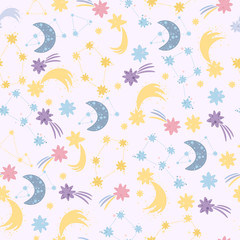 Delicate cute pattern with vector stars and moon. starry sky, background for children and babies