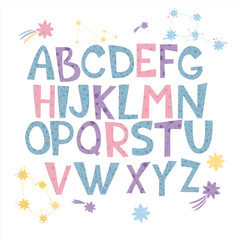 vector alphabet. space alphabet for toddlers and children. pastel color letters. starry sky, cartoon style