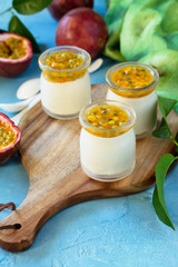 Passion fruit Panna cotta with passion fruit jelly, Italian dessert, homemade cuisine. Copy space.