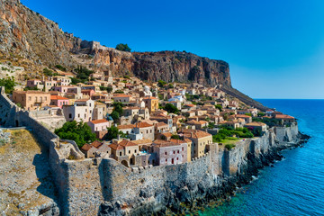 Aerial view of the old town of Monemvasia in Lakonia of Peloponnese, Greece.