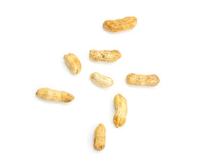 nicely laid out peanuts on a white isolated background