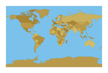 World Map. Cylindrical stereographic projection. Map of the world with meridians on blue background. Vector illustration.