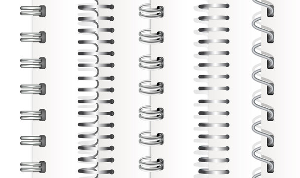 Set of silver vertical spirals for notebooks and calendars. Spiral bindings for sheets of paper. Isolated on white background, vector illustration.