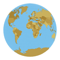 World Map. Gilbert's two-world perspective projection. Map of the world with meridians on blue background. Vector illustration.