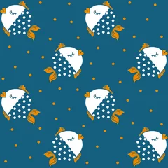 Behang Naadloos vectorpatroon met vissen op turkooizen blauwe achtergrond. Eenvoudig behangontwerp voor kinderen. Stippen en goudvissen schattige onderzeese kunst. © Randmaart