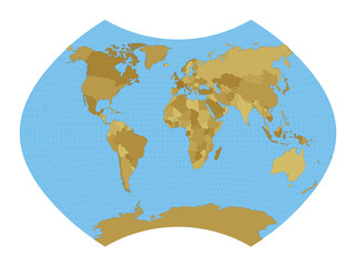 Fototapeta na wymiar World Map. Ginzburg IX projection. Map of the world with meridians on blue background. Vector illustration.