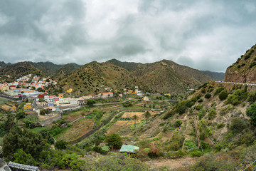 Fototapeta na wymiar Vallehermoso view point. Amazing view of one of the most beautiful valleys of the island. A small municipal center surrounded by agricultural plantations. La Gomera, Canary Islands