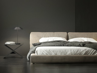 Dark grey bedroom with minimal beige bed