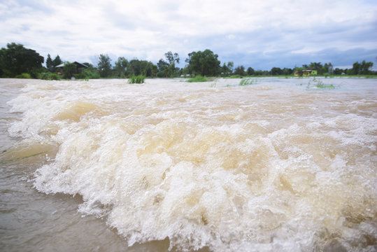 Water Flood On River After Heavy Rain In Thailand.