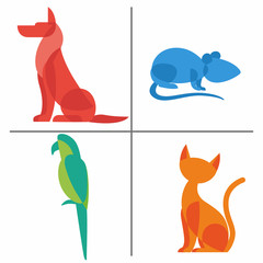 Stylized color pets icons. Dog and a parrot, a cat and a hamster. Vector hand drawing