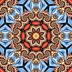 multicolored abstract template with a circular ornament and fractal patterns of beads on a blue silk texture