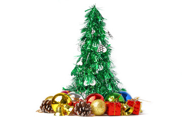 Christmas and New Year Celebration festival tree and decoration with gift isolated on white background.