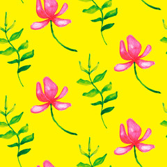 Seamless watercolor pattern with leafs and flower on yellow background.