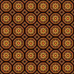 beautiful seamless texture with embossed golden circular ornament and stars on a dark background