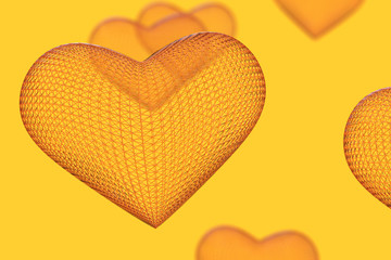 polygonal heart on Yellow background 3D rendering background for valentines day, Honey heart on the day of love